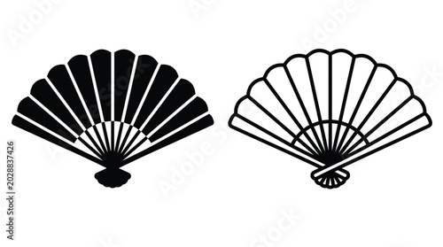 Folding Fan Silhouettes Black And Line Art Style On White Background