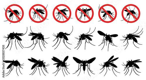 Fotografía Set of mosquito icons with prohibition signs and silhouettes illustrating variou