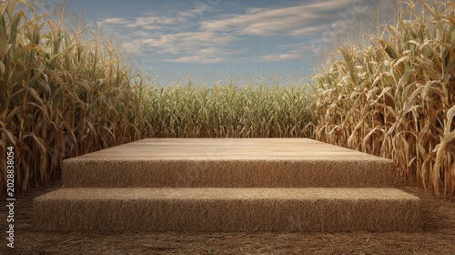 large straw bale podium front view, green corn stalks behind, fresh countryside mood