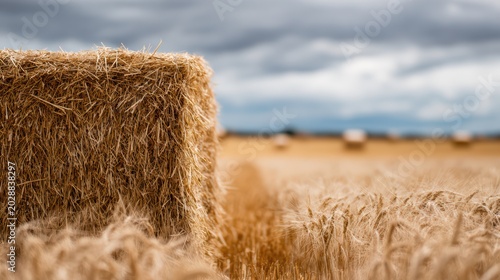 rectangular hay bale foreground focus, ripe wheat field behind, soft cloudy sky, commercial countryside aesthetic