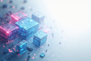 Futuristic glowing digital cubes on an abstract circuit board background