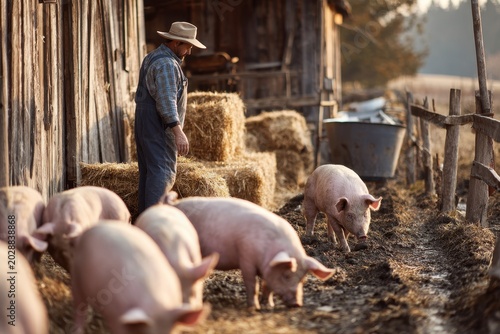 Farmer feeding hogs in a muddy pig pen within a rustic farm setting