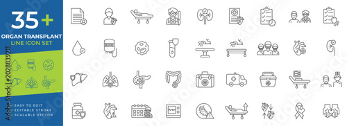Foto Organ transplant line icon set with donor registration, blood transfusion, surgi