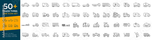 Truck types line icon set with cargo transport, tanker vehicles, delivery vans, logistics transport, and industrial utility trucks used for shipping platforms and transportation design