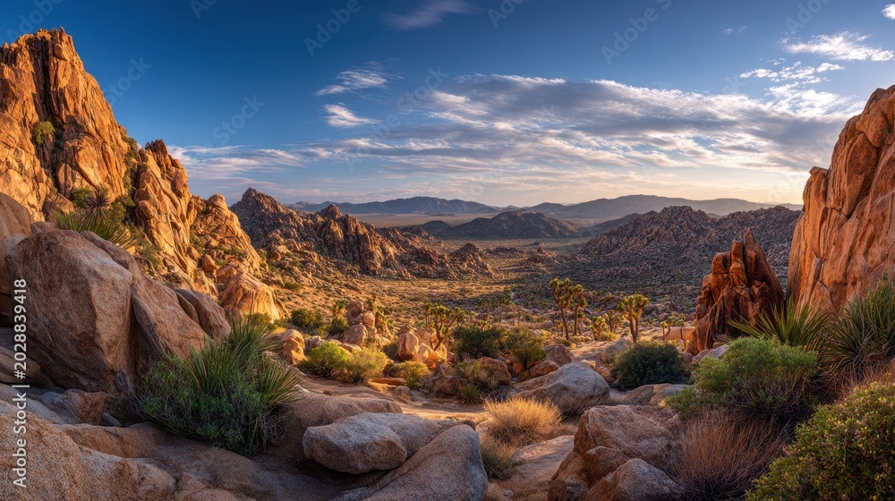 Naklejka premium Expansive desert panorama featuring Joshua trees under dramatic sky