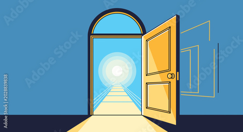Open door leading to bright future and new opportunities with light tunnel effect