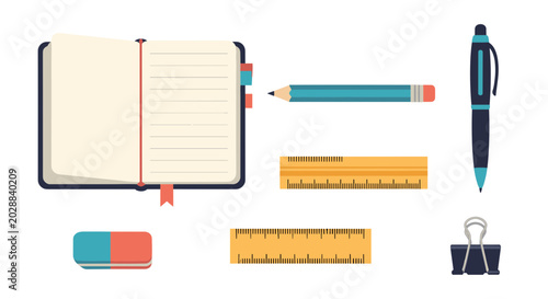 Collection of school and office supplies including an open notebook pencil eraser ruler pen and binder clip