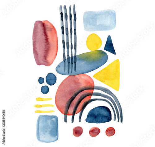 Abstract blue, yellow and red watercolor painting geometric composition with round shapes, squares and lines. Contemporary geometry illustration for poster, art banner, greeting cards, print