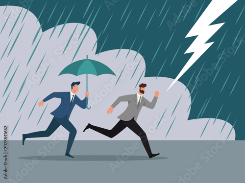 Bild auf Leinwand Businessmen running in a thunderstorm: Risk Management, Crisis Survival, Financi