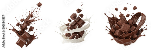 Photos Dynamic milk and dark chocolate splash with falling cocoa chunks isolated on tra