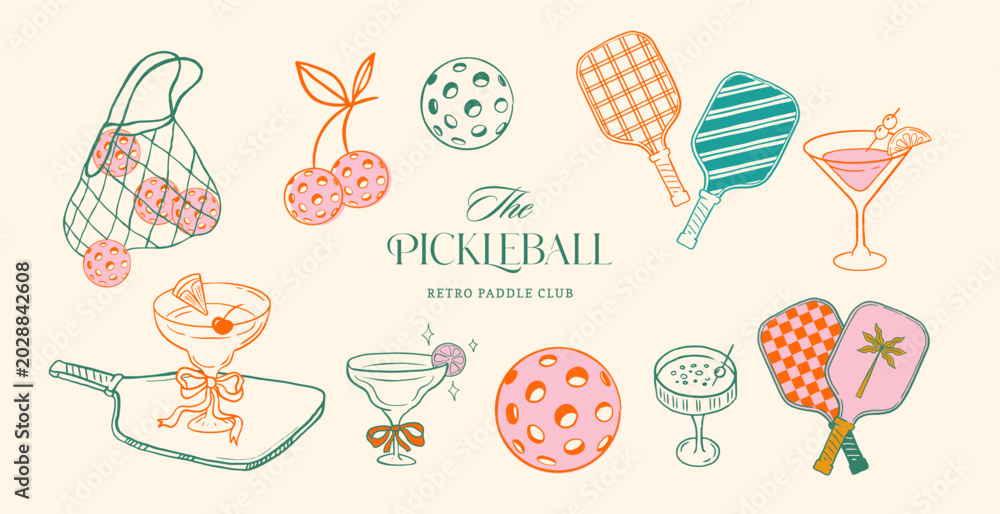 Obraz premium Retro pickleball club illustration set with cherry pickle balls, paddles and cocktails. Summer fun pickle ball vintage vector drawings collection