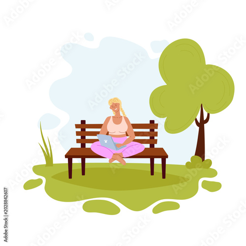 Working outdoors. Cheerful girl sitting with laptop on bench in park. Flat illustration for remote work, digital nomad lifestyle.