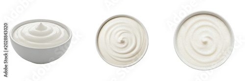 Fresh yogurt bowl and swirl sour cream dairy product set isolated on transparent PNG background