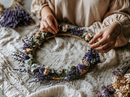 Crafting a Lavender Wreath: A Close-Up of Hands Arranging Flowers
