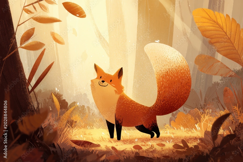 Fototapeta premium Cheerful red fox stretches among warm forest light