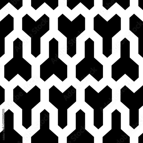 Repeated black puzzle on white background. Seamless surface pattern design with mosaic ornament. Logic games motif. Pavement wallpaper. Digital paper, page fills, web designing, textile print. Vector.