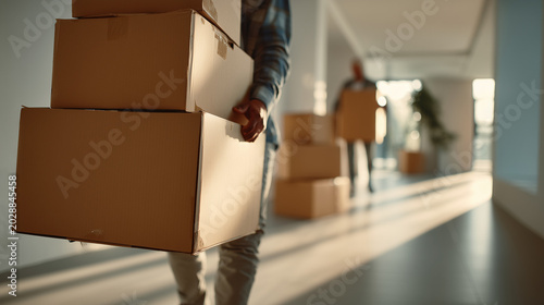 Professional movers carrying stacked cardboard boxes through modern hallway during apartment relocation and residential moving service.