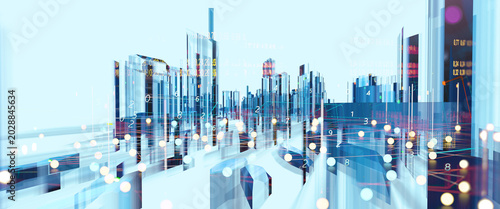 Foto Ilustración 3D de una ciudad inteligente futurista, con conexiones de red de datos digitales y nodos de luz brillantes