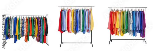 Colorful Clothing Racks Isolated on Transparent PNG Background, Organized Wardrobe Hangers with Various Shirts, Fashion Retail Display Elements, Apparel Shop Storage Collection for Clothing Store Bran