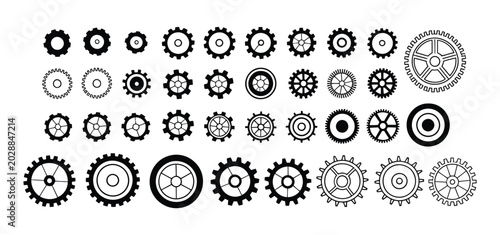 Gear icon set featuring clockwork signs and mechanical symbols for engineering, industrial systems, automation, and machinery vector illustration design.