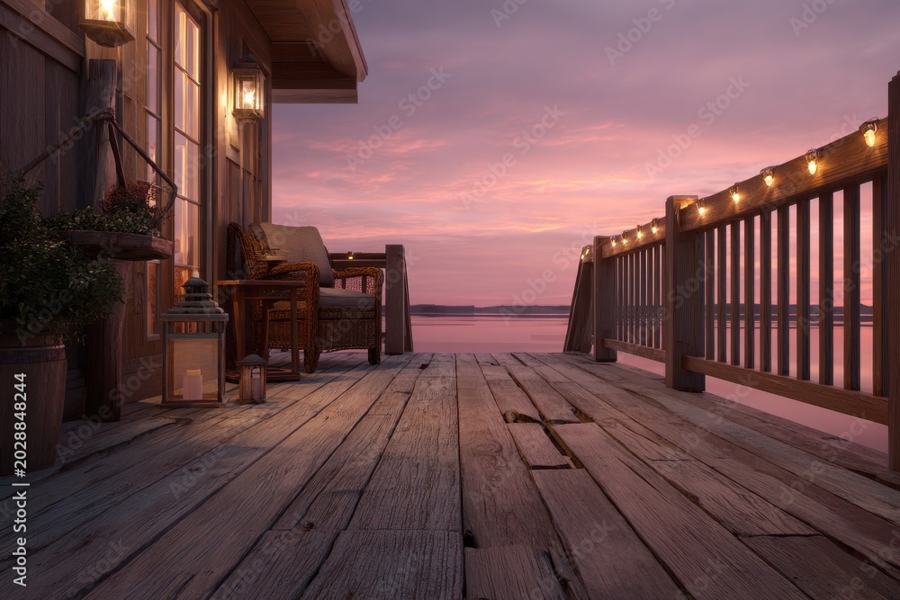 Obraz premium Twilight on a wooden deck: warm glow and tranquil outdoor living at dusk
