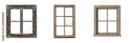 Slika na platnu Set of Rustic Wooden Window Frames Isolated on Transparent PNG Background, Vinta