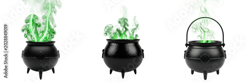 Quadro su tela Magic Witches Cauldron Isolated on Transparent PNG Background, Black Pot with Gr