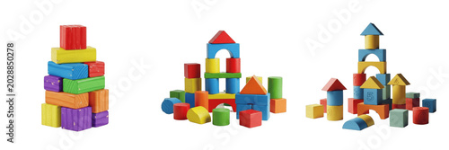 Obraz na płótnie Colorful Wooden Building Blocks Tower and Castles Isolated on Transparent PNG Ba