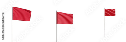 Red Flags Waving on Poles Isolated on Transparent PNG Background, Realistic Fabric Flag Collection, Signage for Warning or Event Decoration, Blank Red Banner Elements for Business and Sport Design