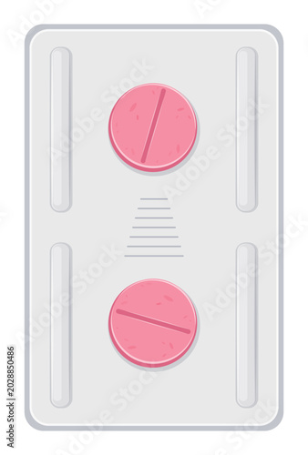 Medical blister pack containing two round pink tablets with break line. Realistic remedy for pain, cramps, colds, and illnesses. Medical UI, UX design, mobile health applications, pharmacy posters