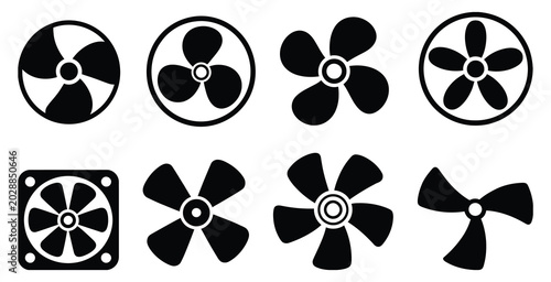 Fan icons set in black and white featuring simple ventilation and cooling symbols for air circulation, appliance design, and interface graphics.