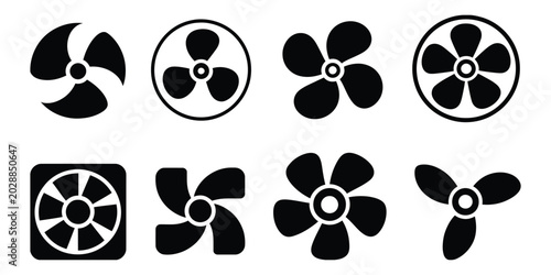 Black and white fan icon collection showing cooling and airflow symbols for ventilation systems, appliances, and modern design use.