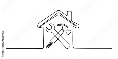 Continuous single line drawing of a house shape with a hammer and a wrench inside representing professional home renovation and repair services Vector, illustration