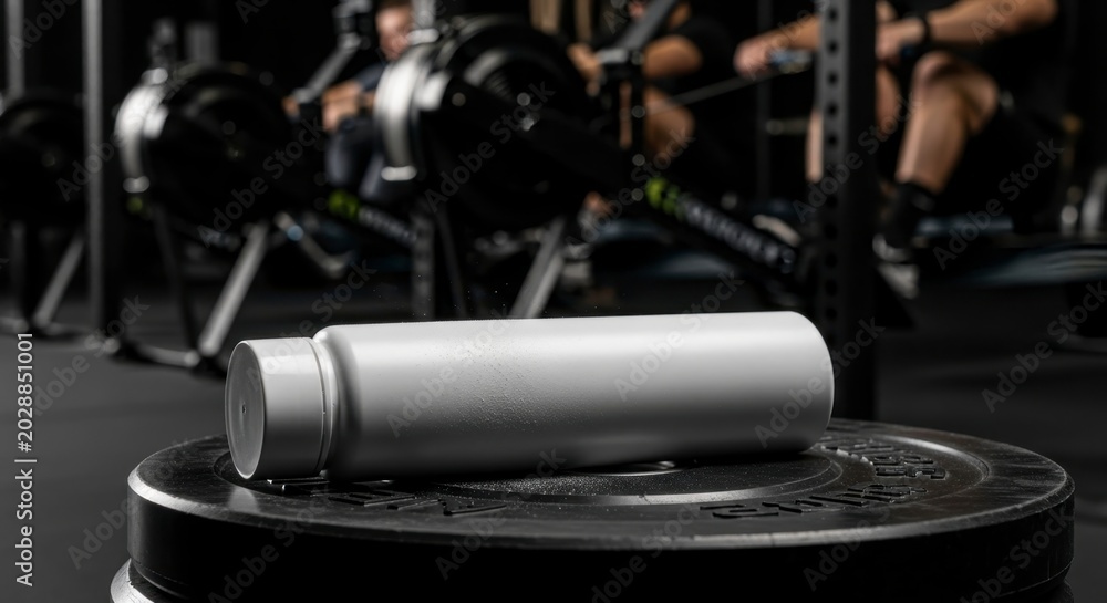 Naklejka premium A Shiny, Silver Water Bottle Overlooks a Heavy Weight Plate in a Modern Gym, with Athletes Rowing in the Background, Highlighting an Active Lifestyle