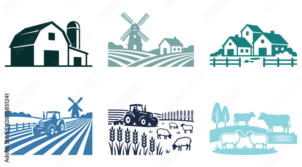 Naklejka premium Agricultural farming landscape icons with barns windmills tractors livestock crop fields, rural life