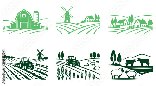 Konstfotografi Green rural farm landscape scenes with barn windmill fields rural life livestock