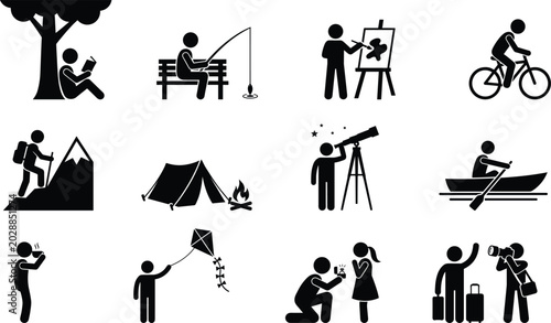 Foto Silhouettes of people engaged in various leisure activities with human figures i