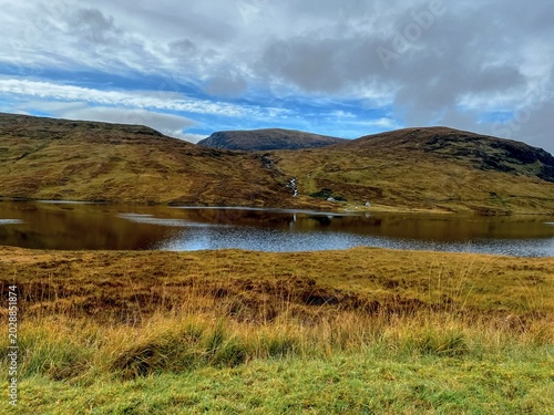Quiet Moor Landscape With Water. Peaceful Scottish Hills Reflected In Still Water