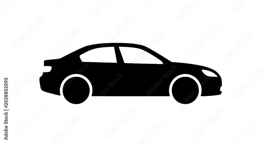 Fototapeta premium Minimal black silhouette icon, simple flat vector, bold black shape, no, no shading black silhouette of a sedan car on a, flat icon style
