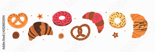 Fotografie A delicious graphic collection of various sweet bakery goods and confectionery items designed in a playful doodle style