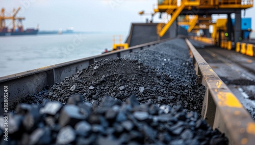Piles of black coal on a transport belt at a commercial harbor
