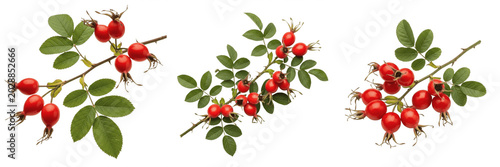 Canvastavla Fresh Red Rose Hips on Green Leafy Branches Isolated on White - High-Quality Org