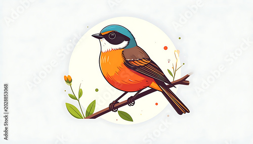 Pixel art bird perched on a branch, vibrant orange and blue plumage, surrounded by small floral elements and a soft circular background, represents nature and simple beauty