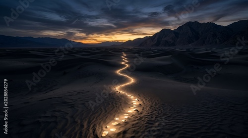 Glowing winding golden light path through desert sand dunes at sunset for guidance hope and spiritual journey
