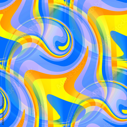 A psychedelic pattern of swirling blue, yellow, and orange shapes. The abstract design features translucent layers and bright, energetic curves.