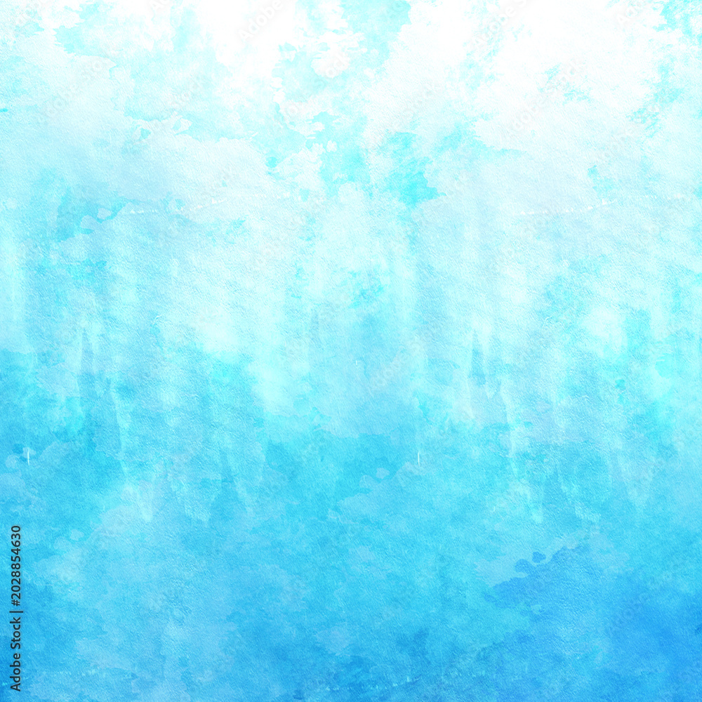Fototapeta premium A watercolor-style abstract background transitions from white at the top to deep blue at the bottom, with lighter blue and teal tones in between. The texture suggests a gradient or wash effect.
