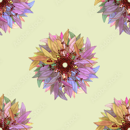 A repeating pattern of stylized floral mandalas in pastel colors on a pale yellow background. The mandalas feature layered translucent petals radiating from a dark center.
