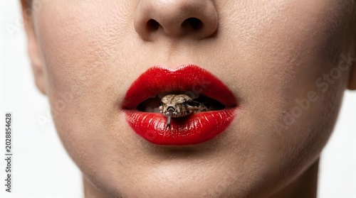 Red female lips with small snake coming out for temptation sin and dark aesthetic conceptual photography
