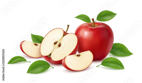Foto Red apple with slices and leaves realistic 3D vector isolated healthy fruit illu