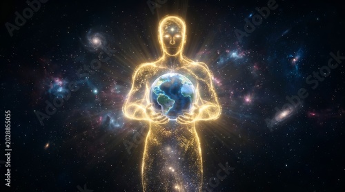 Ethereal golden figure holding earth planet in deep space for global protection and cosmic spirituality concept
